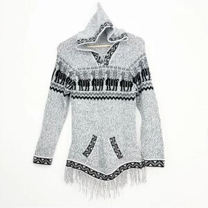 Peruvian Tribal Knit Hooded Pullover Fringed Ethnic Tunic Sweater